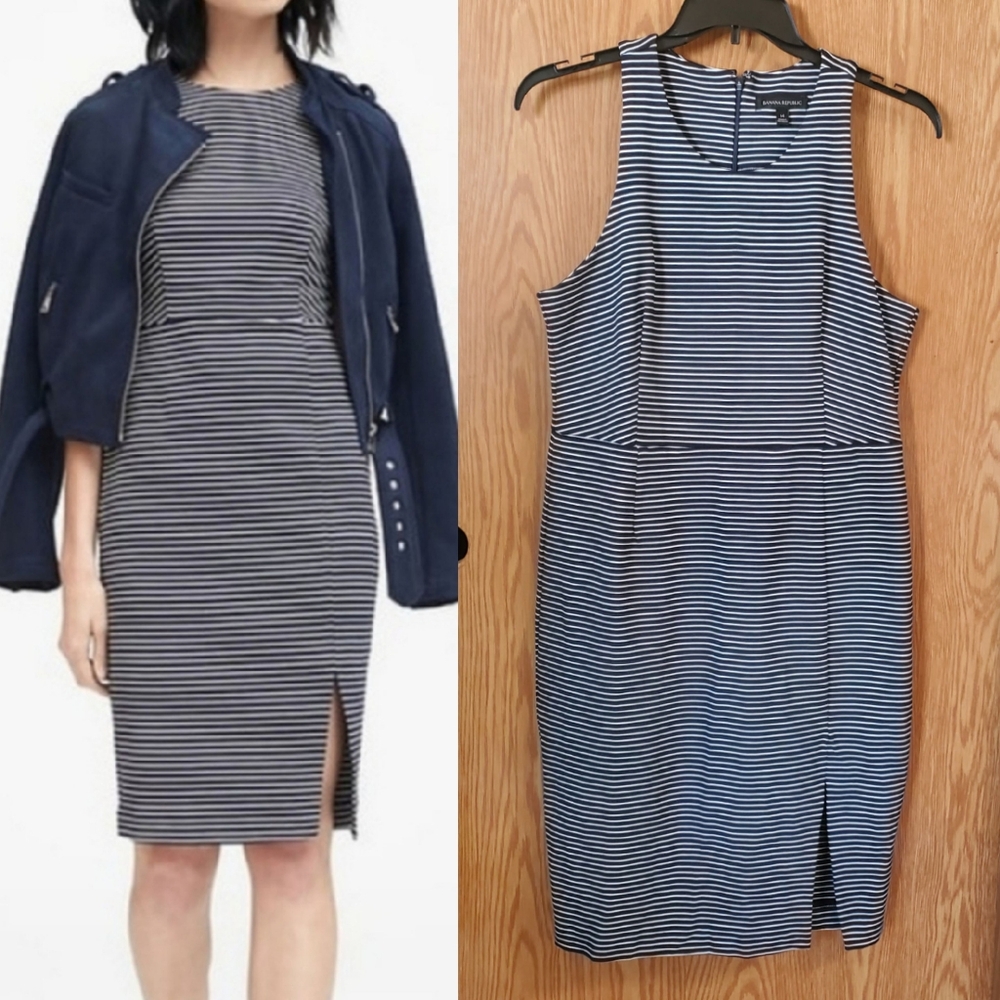Banana Republic sleeveless halter sheath dress blue/white stripe size 14 - Picture 1 of 11